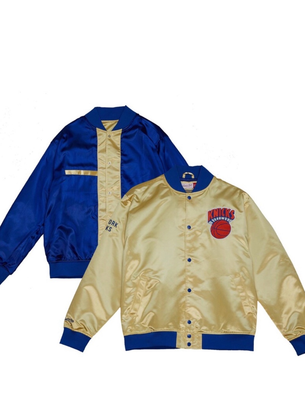 NBA Knicks Reversible Satin Bomber Jacket in Gold and Royal Blue